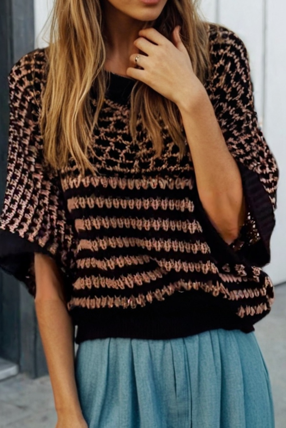 LAS Stripe 3/4 Draped Sleeve Slouchy Sweater