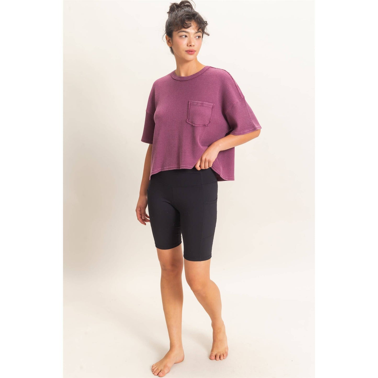 Mineral Wash Waffle Knit Pocket Top