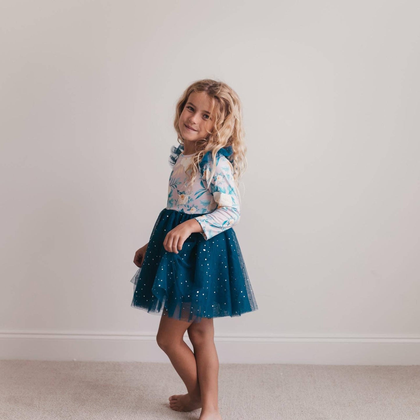 Kids Teal Blue Winter Floral Print Sparkle Tulle Dress
