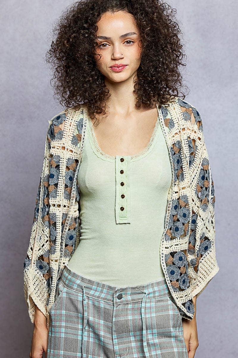 Dolman Sleeve Varied Pattern Crochet Open Cardigan