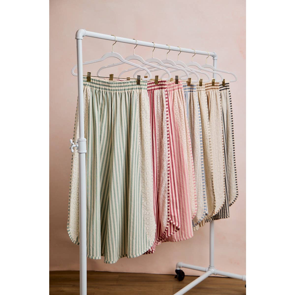 FLORAL EYELET SIDE ELASTIC STRIPES WIDE LEG PANTS