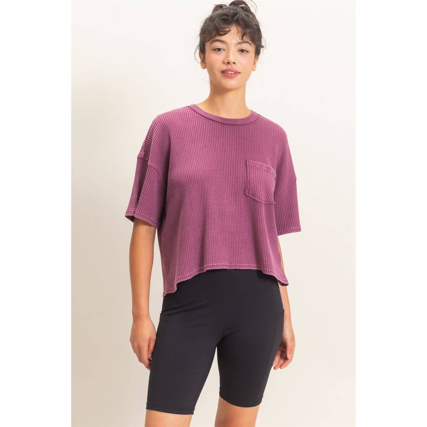 Mineral Wash Waffle Knit Pocket Top