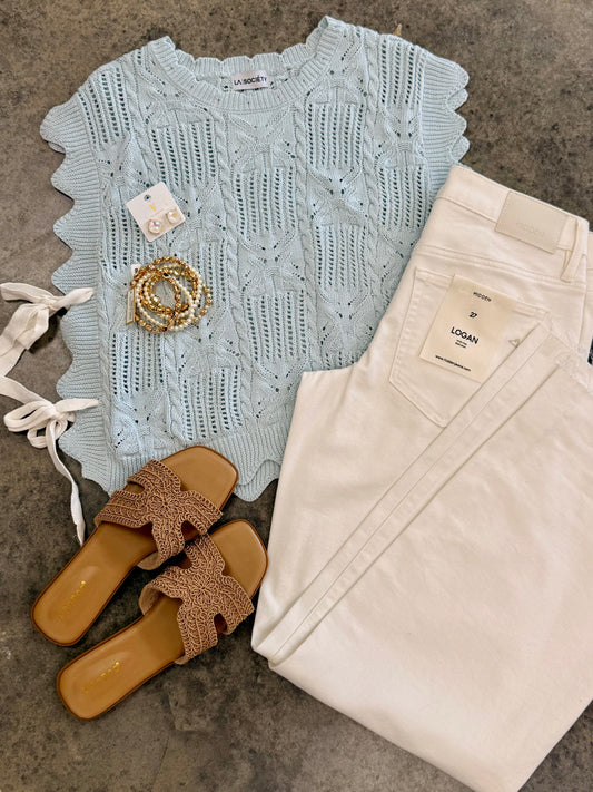 Pointelle Patterned Knit Scalloped Trim Sweater