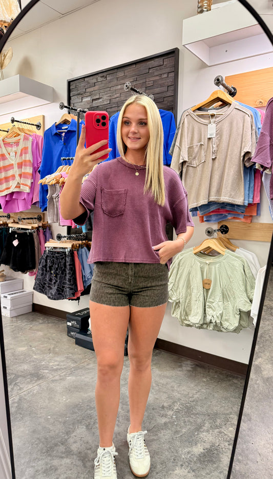 Mineral Wash Waffle Knit Pocket Top