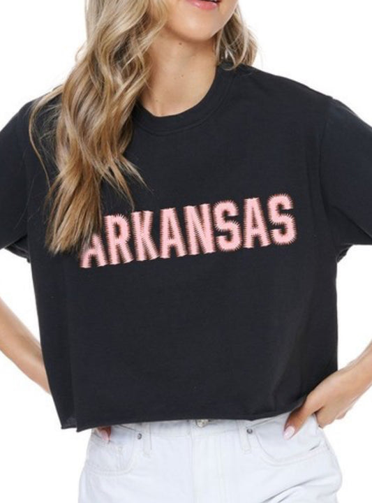 Arkansas ‘PUFF’ Pink Stitch Crop Tee