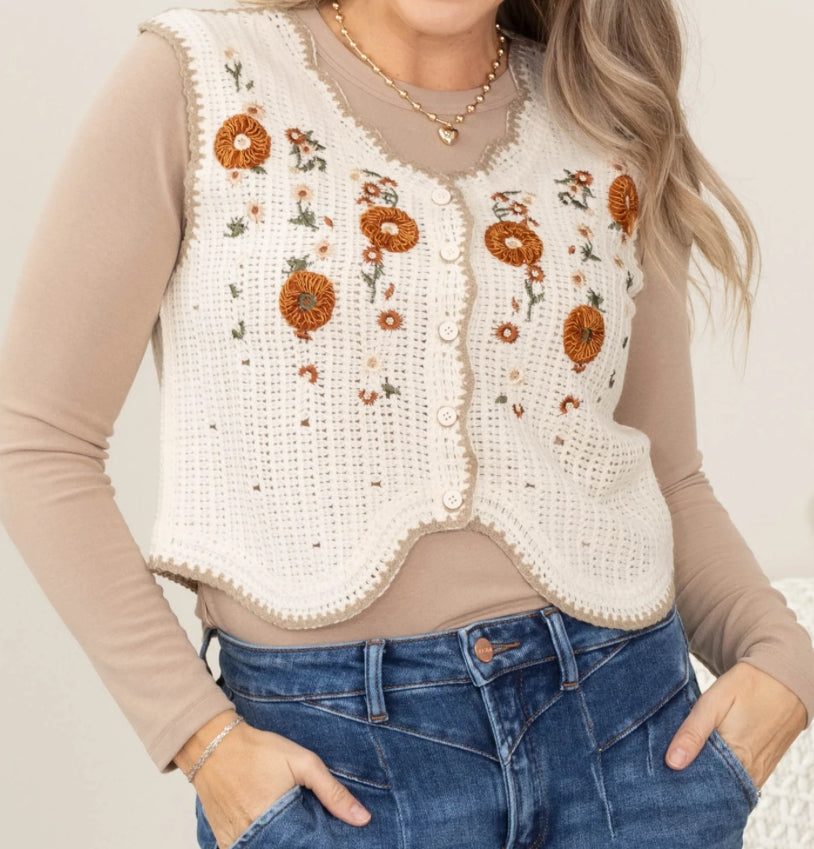 Cream Embroidered Boho Vest