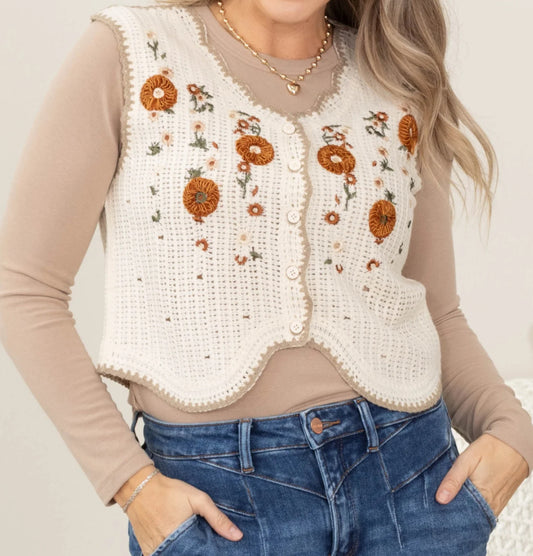 Cream Embroidered Boho Vest