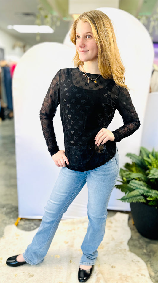 The Bella Mesh Bow Pattern Long Sleeve Top