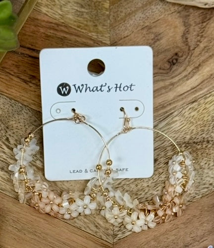 Cream Ombré Flowers on Gold Hoops