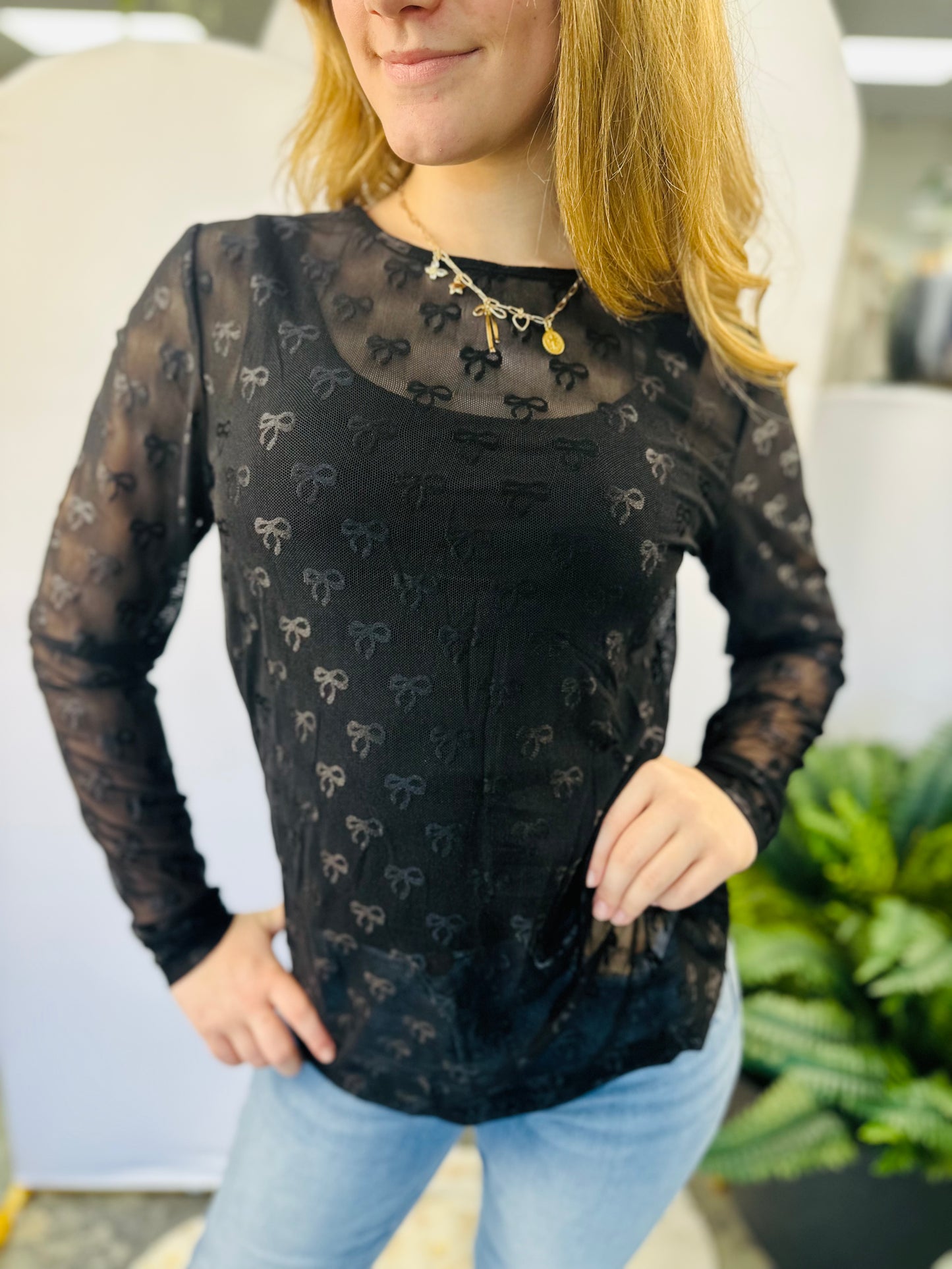 The Bella Mesh Bow Pattern Long Sleeve Top