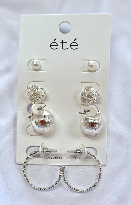 Pearl Stud and Silver Stud/Hoop Set of 4 Earrings