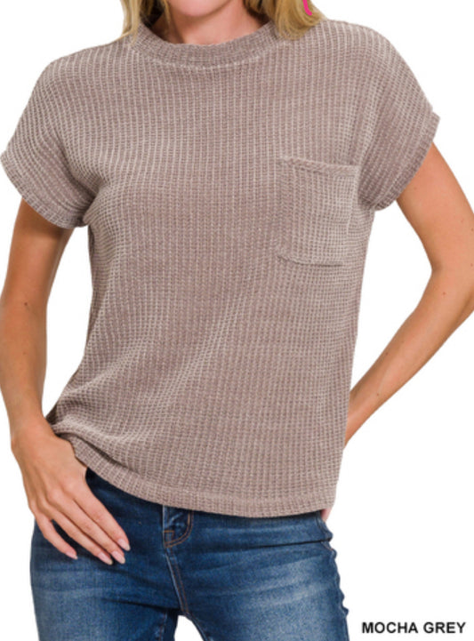 CHENILLE WAFFLE SHORT SLEEVE SWEATER