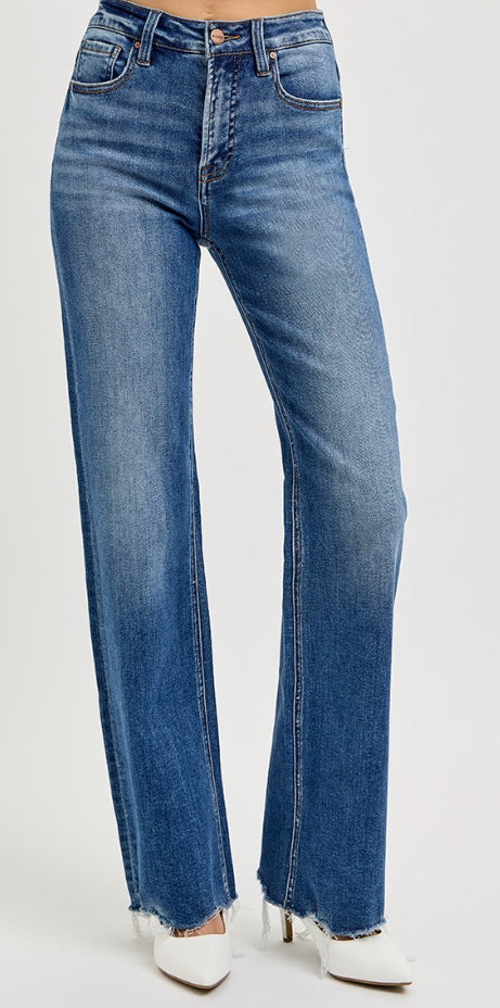 TUMMY CONTROL HIGH RISE WIDE LEG RAW CUT HEM JEANS