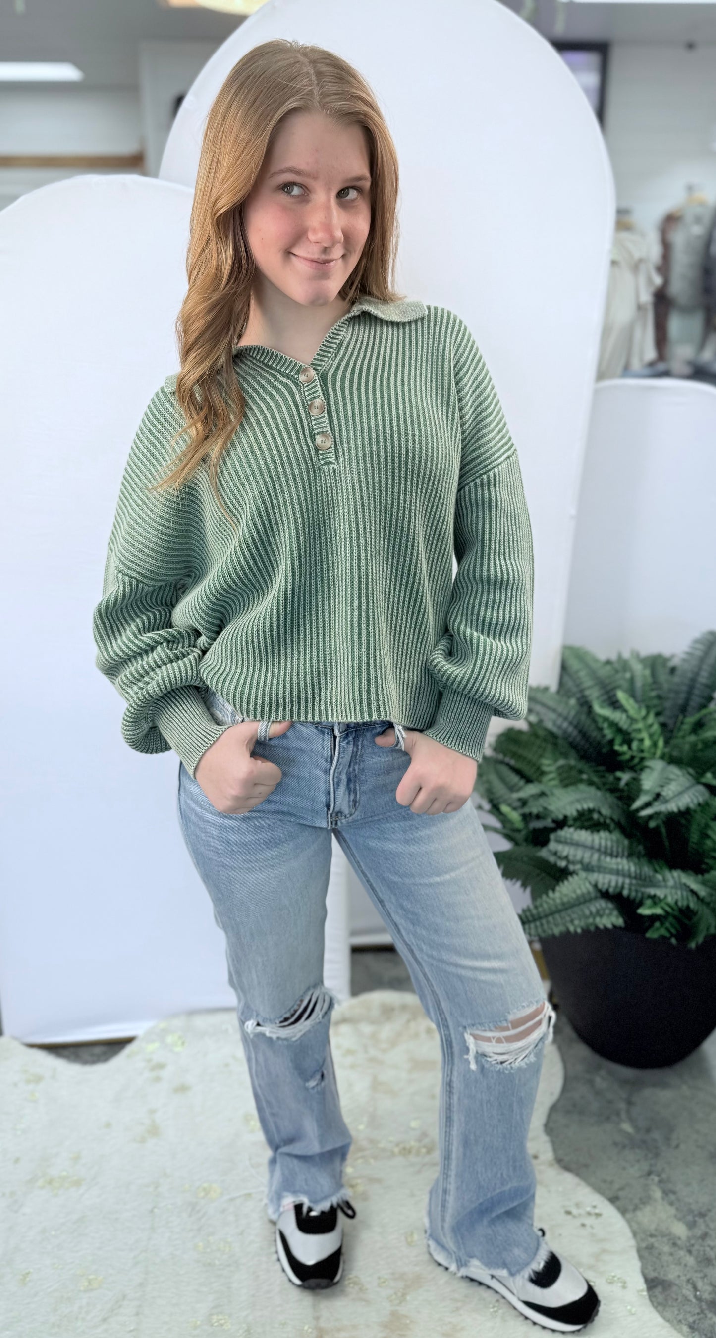 Pink Charm & Green Envy Ribbed Sweater