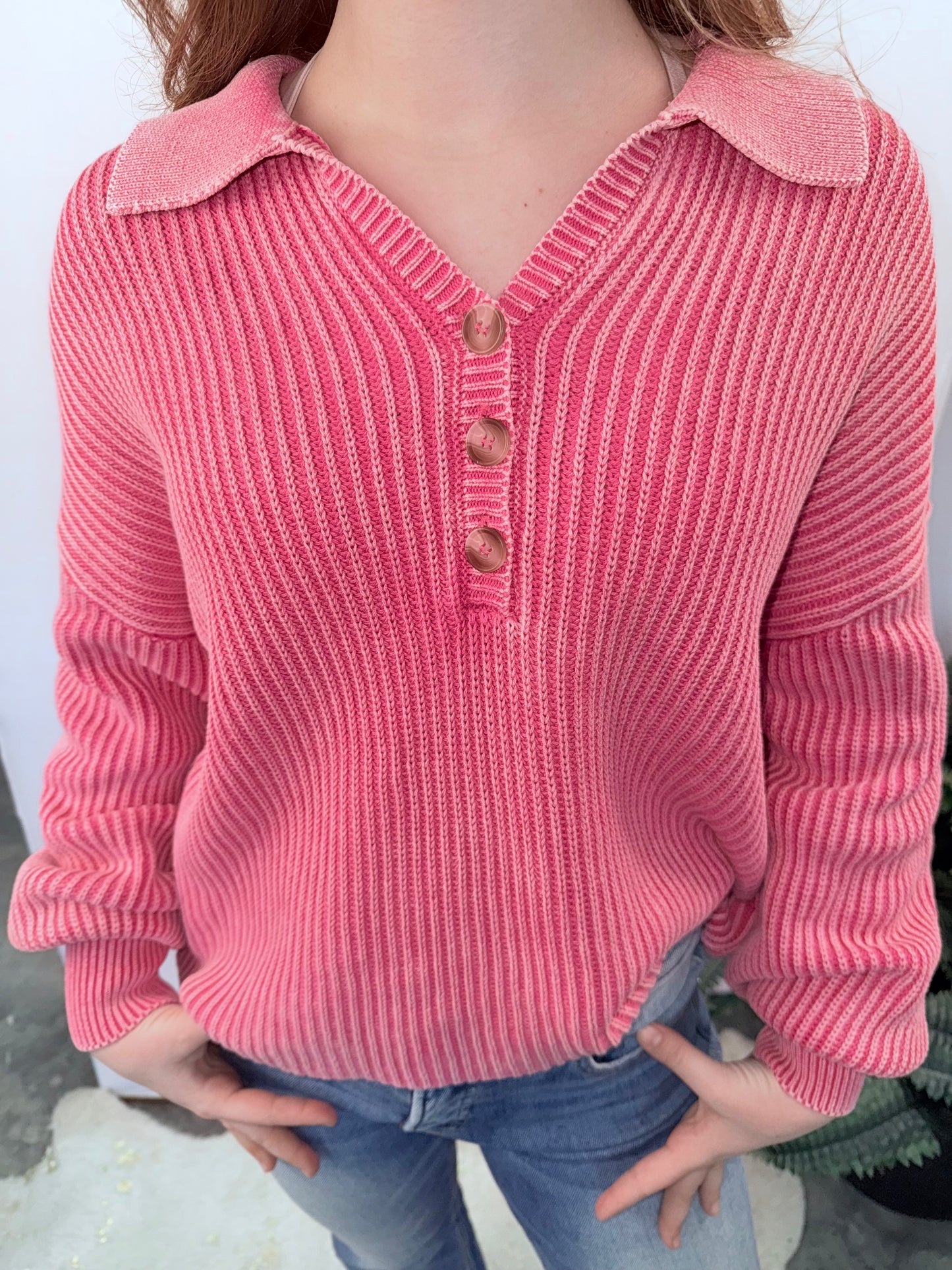 Pink Charm & Green Envy Ribbed Sweater