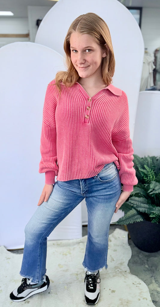 Pink Charm & Green Envy Ribbed Sweater