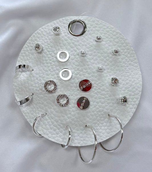 Set of 10 Silver Geometric Stud and Hoop Sets on a Leather Circle Display, Best Seller!