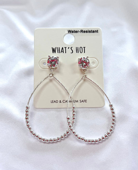Water Resistant Crystal Stud with Silver Beaded Teardrop 2" Earring
