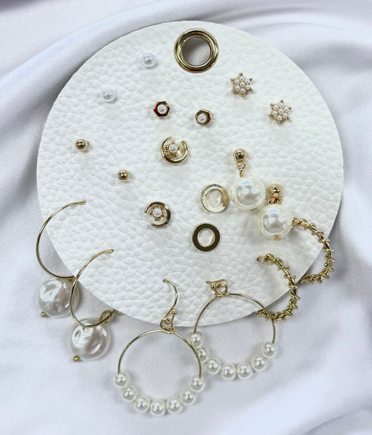 Set of 10 Geometric Stud and Pearl Sets on a Leather Circle Display, Best Seller!