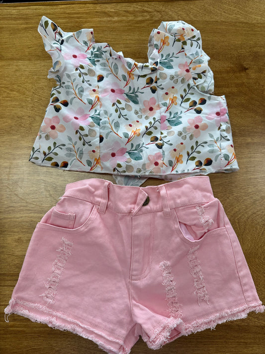 Floral top distressed shorts