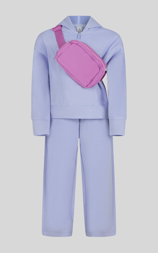 Little Girls Half Zip Hoodie, Wide Leg Pant, Fanny Bag  Set