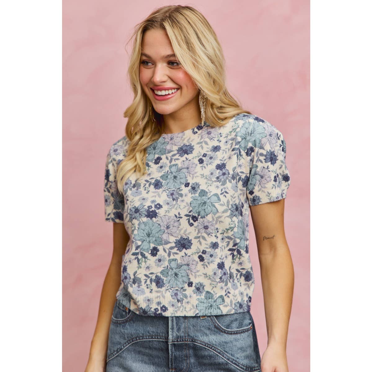 FLORAL PRINT SHORT SLEEVES SWEATER KNIT TOP