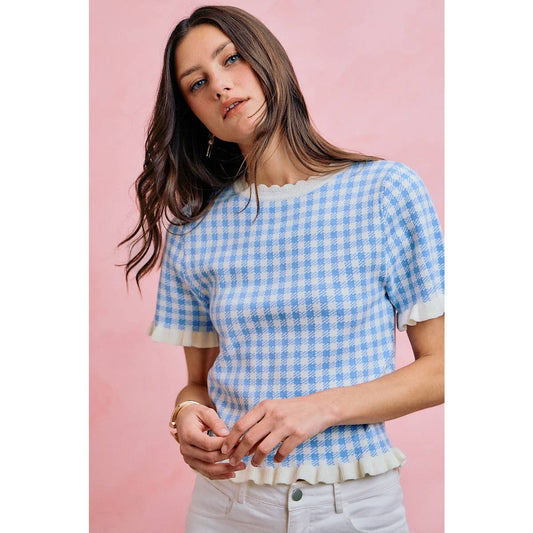 GINGHAM KNIT RUFFLED SHORT SLEEVES SWEATER TOP