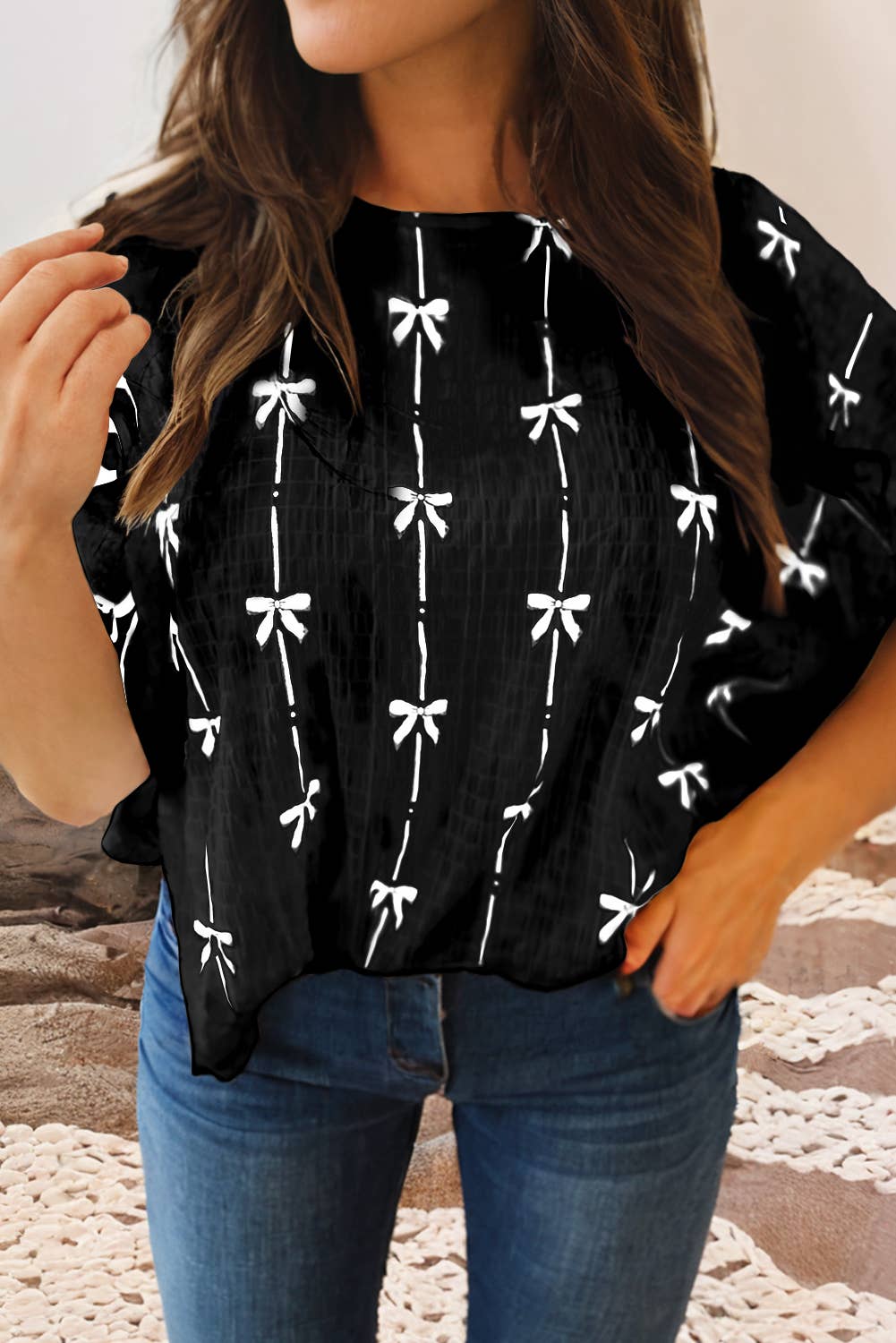 Bow Print Puff Short Sleeve Top