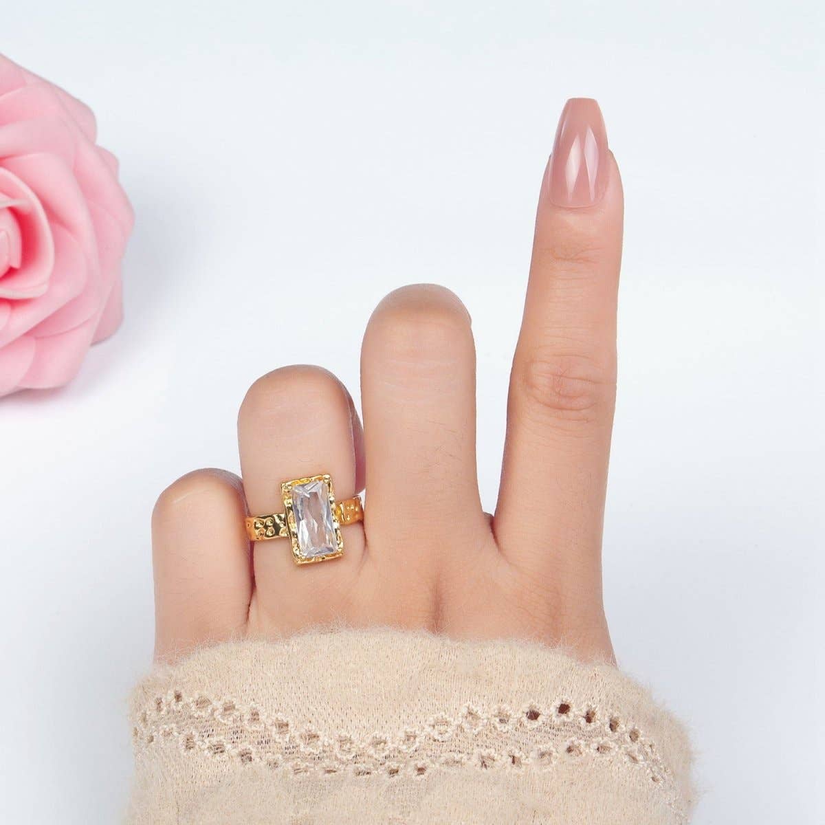 24K Gold Filled Clear CZ Baguette Hammered Wrap Band Ring