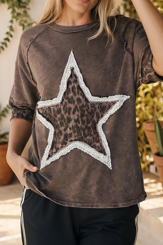 LAS-LIVE Mineral Wash Leopard Star Patched T Shirt (S-XL)