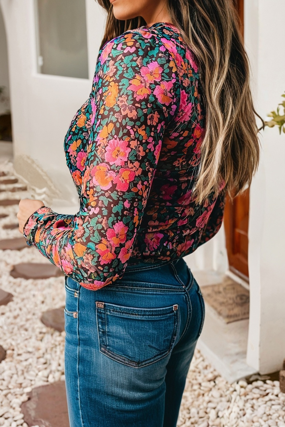 LDC Spring Western Floral Sheath Mock Neck Blouse