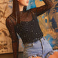 The Midnight Muse Black Rhinestone Sheer Mesh Slim Fit Long Sleeve Top