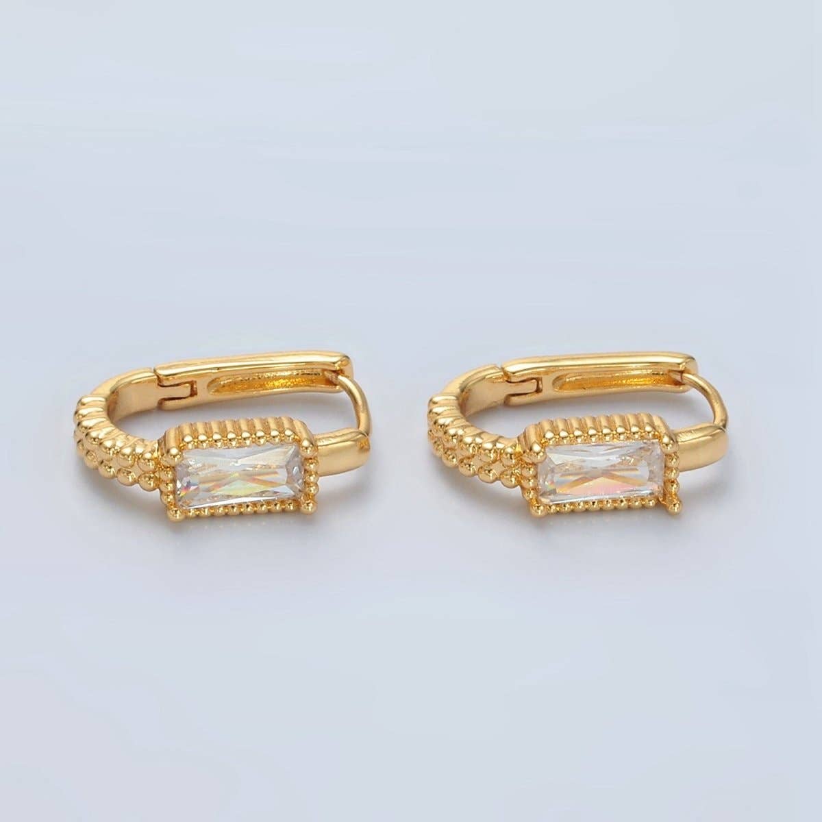 24K Gold Filled 18mm Baguette CZ Dotted Huggie Earrings