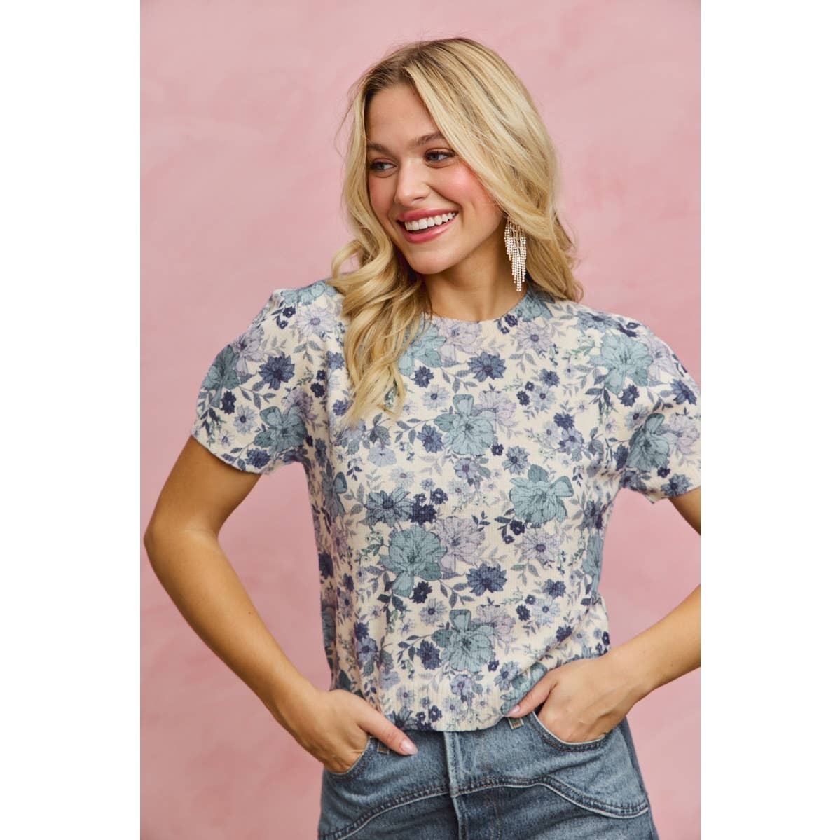 FLORAL PRINT SHORT SLEEVES SWEATER KNIT TOP
