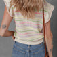 The Lila Oatmeal Colorful Striped Eyelet Knit Ruffled Sleeve Sweater T Shirt