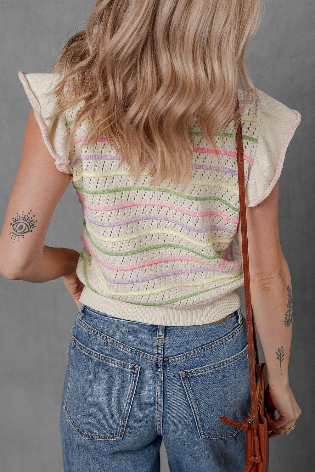 The Lila Oatmeal Colorful Striped Eyelet Knit Ruffled Sleeve Sweater T Shirt