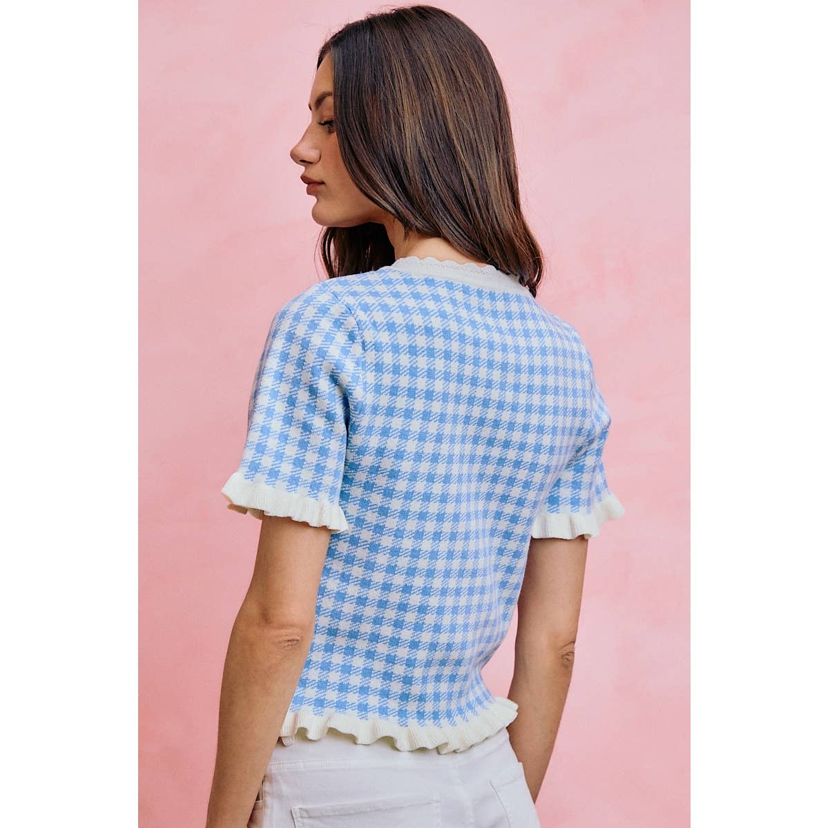 GINGHAM KNIT RUFFLED SHORT SLEEVES SWEATER TOP
