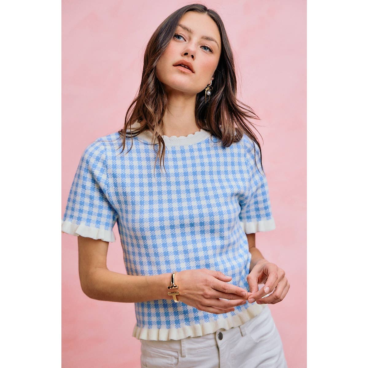 GINGHAM KNIT RUFFLED SHORT SLEEVES SWEATER TOP