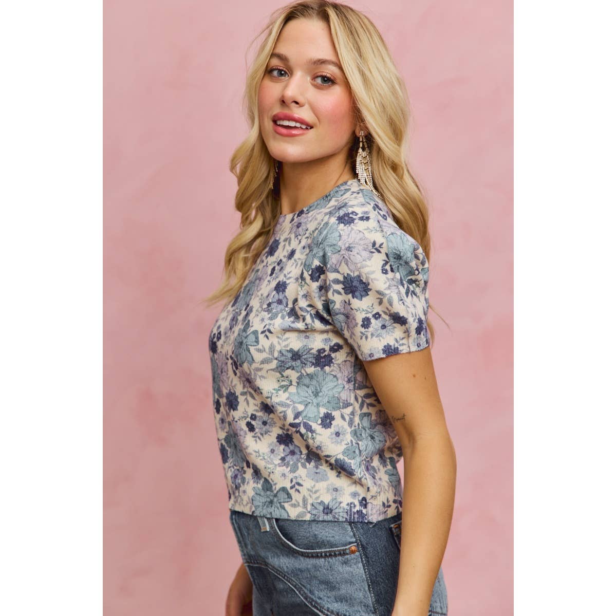 FLORAL PRINT SHORT SLEEVES SWEATER KNIT TOP