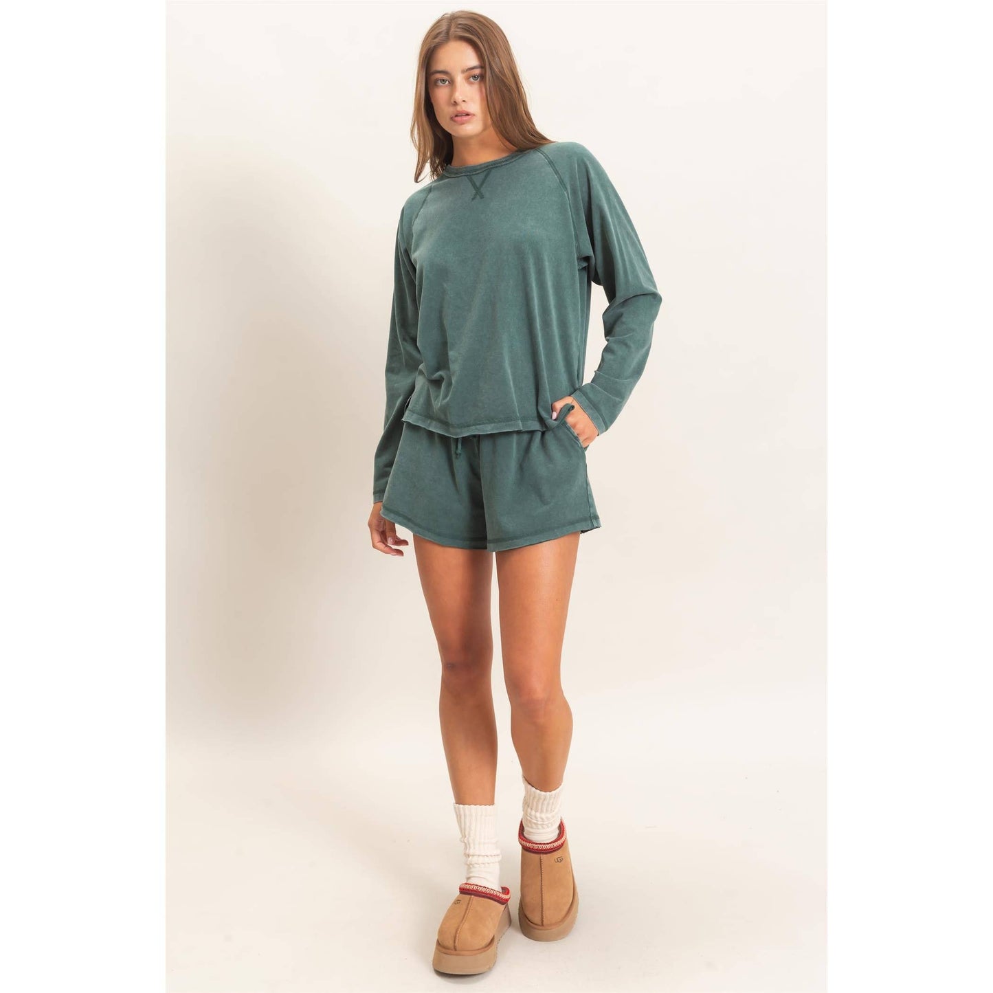 Mineral Wash Long Sleeve Raw Edge Top