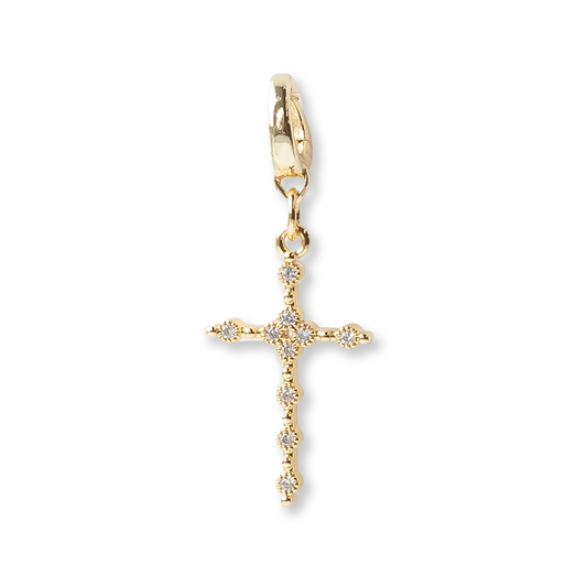 Large CZ Pavé Cross Charm with Hinged Clip, Gold