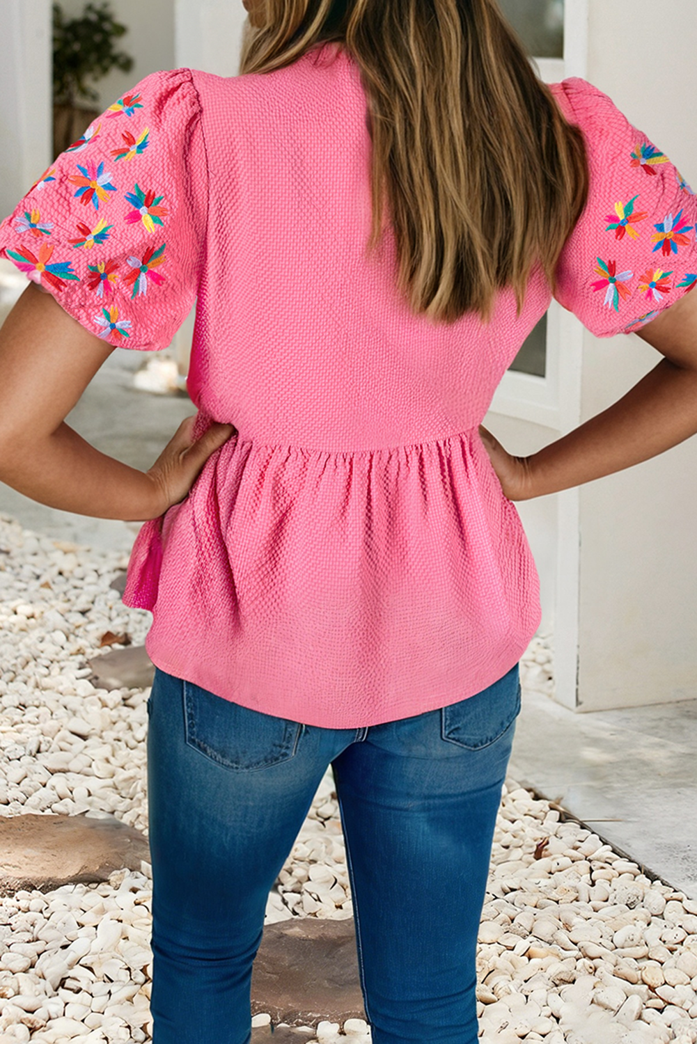 V Neck Flower Embroidered Puff Sleeve Blouse