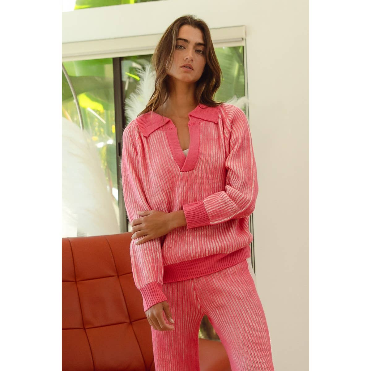 TWO TONE RIB TEXTURE SWEATER AND PANTS SET