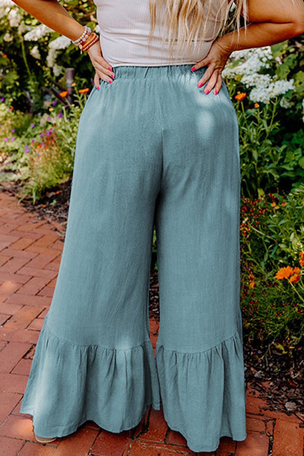 High Waist Ruffle Wide Leg Pants Plus Size