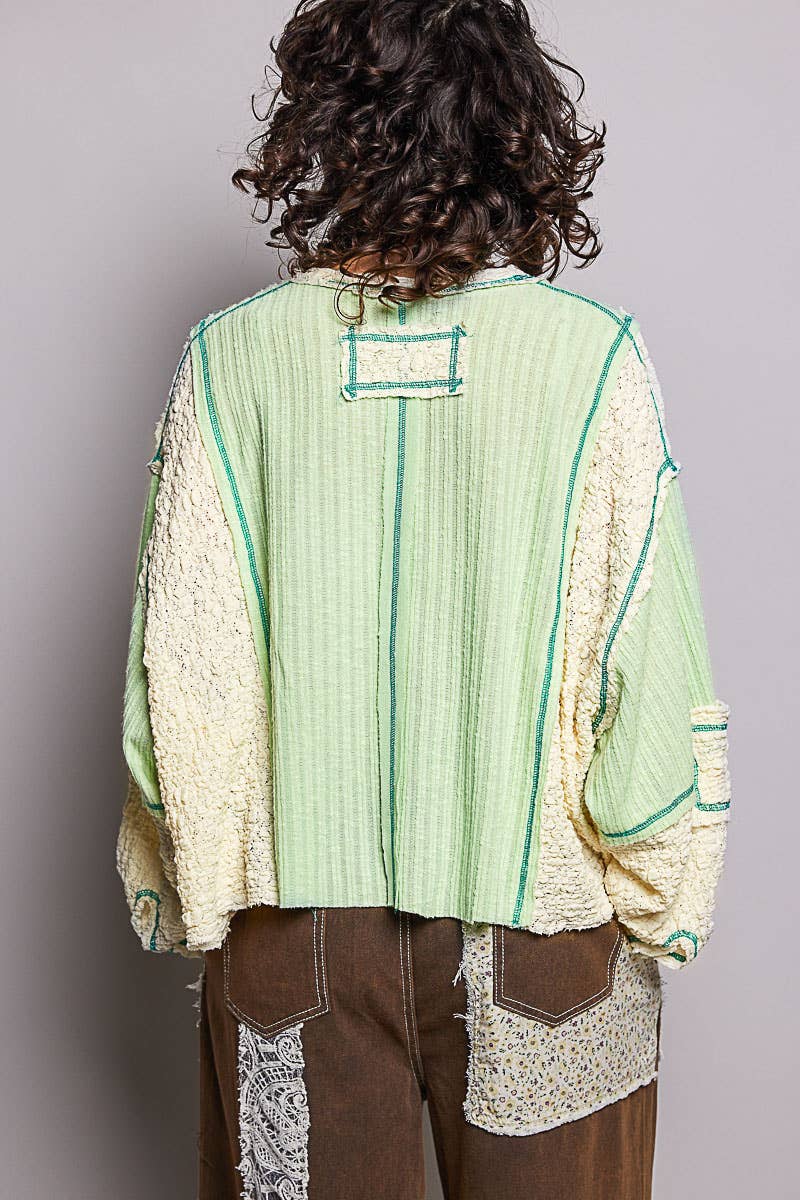 V-neck stitch detail Balloon Long Sleeve Crop Top