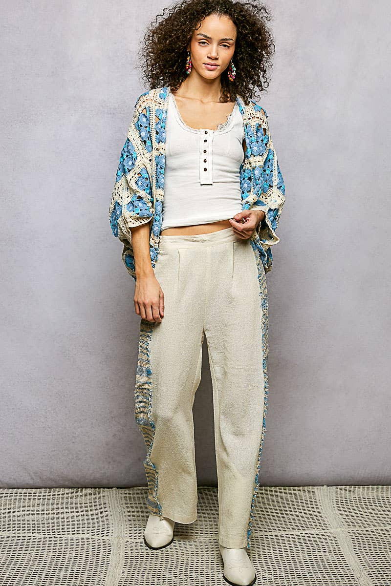 Dolman Sleeve Varied Pattern Crochet Open Cardigan