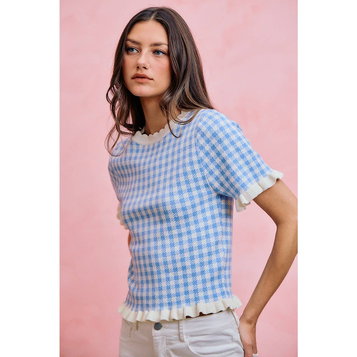 GINGHAM KNIT RUFFLED SHORT SLEEVES SWEATER TOP