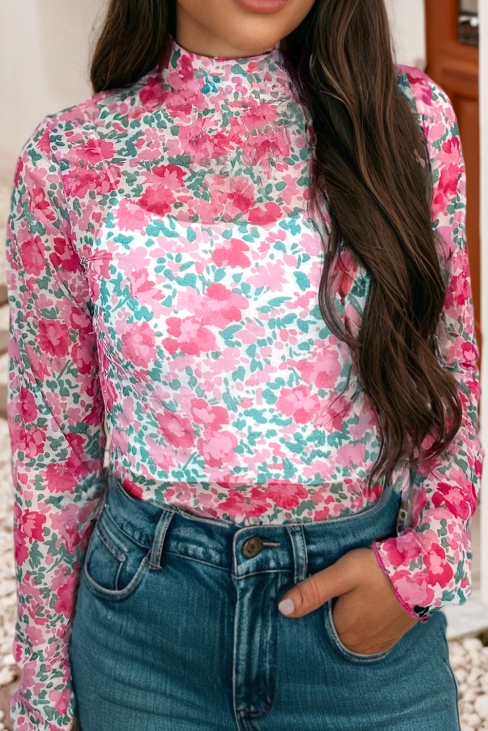 LDC Spring Western Floral Sheath Mock Neck Blouse