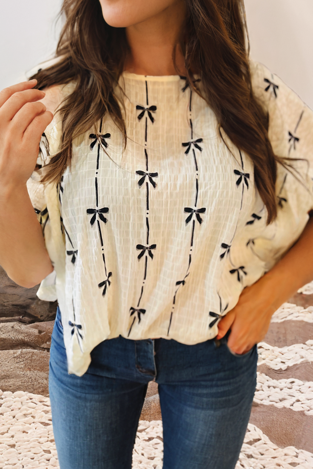 Bow Print Puff Short Sleeve Top