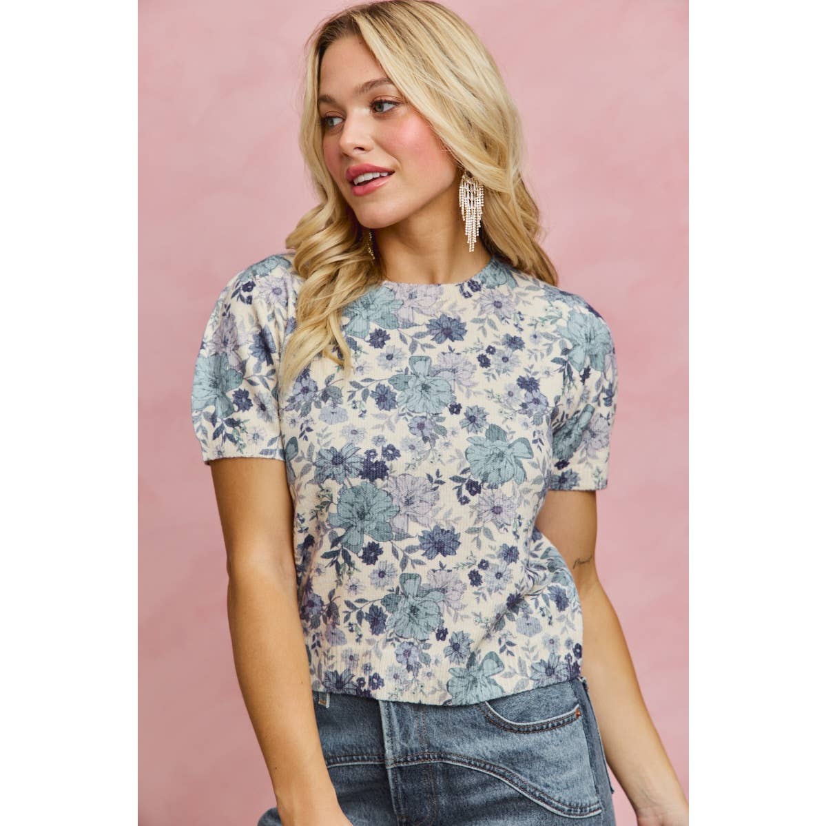 FLORAL PRINT SHORT SLEEVES SWEATER KNIT TOP